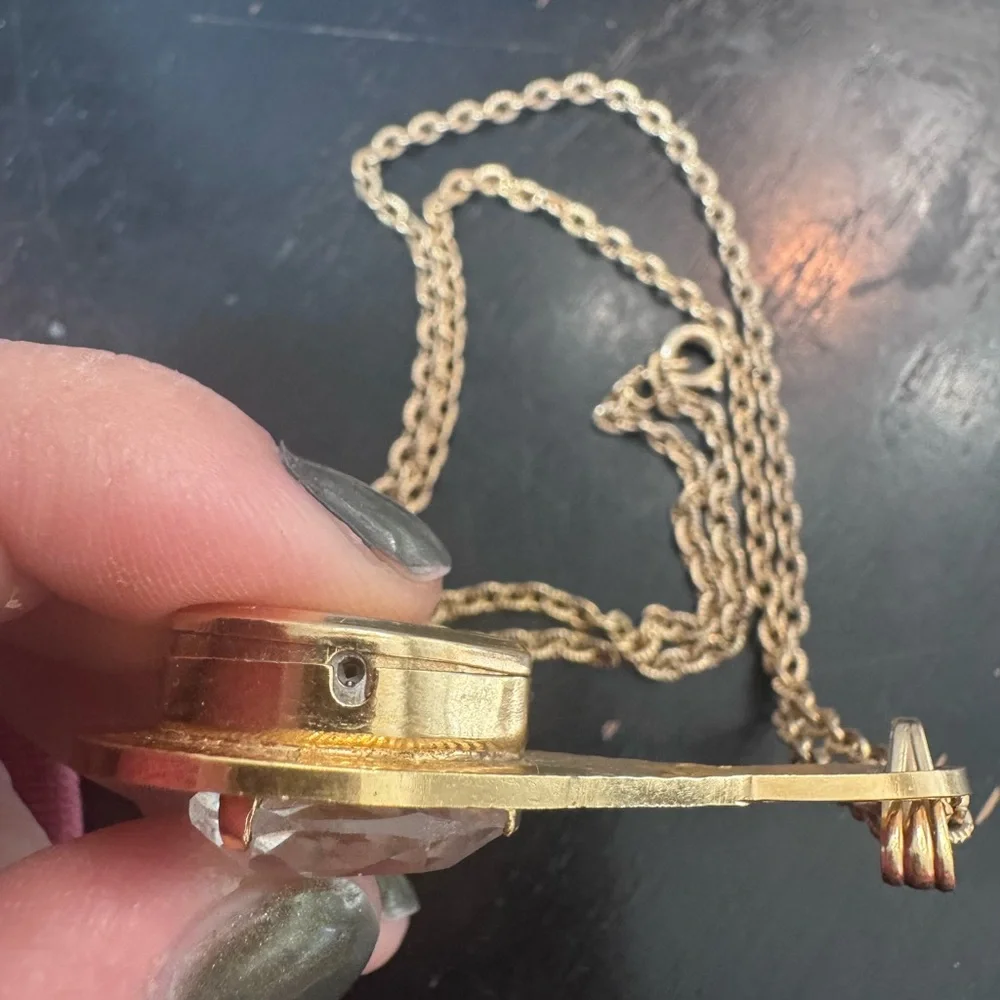 Vintage Lucite Watch Dial Pendant MCM Teardrop Necklace Gold Tone